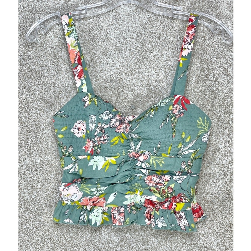 B.O.G Collective Floral Ruched Cami Crop Top Womens S Green Smocked Cottagecore